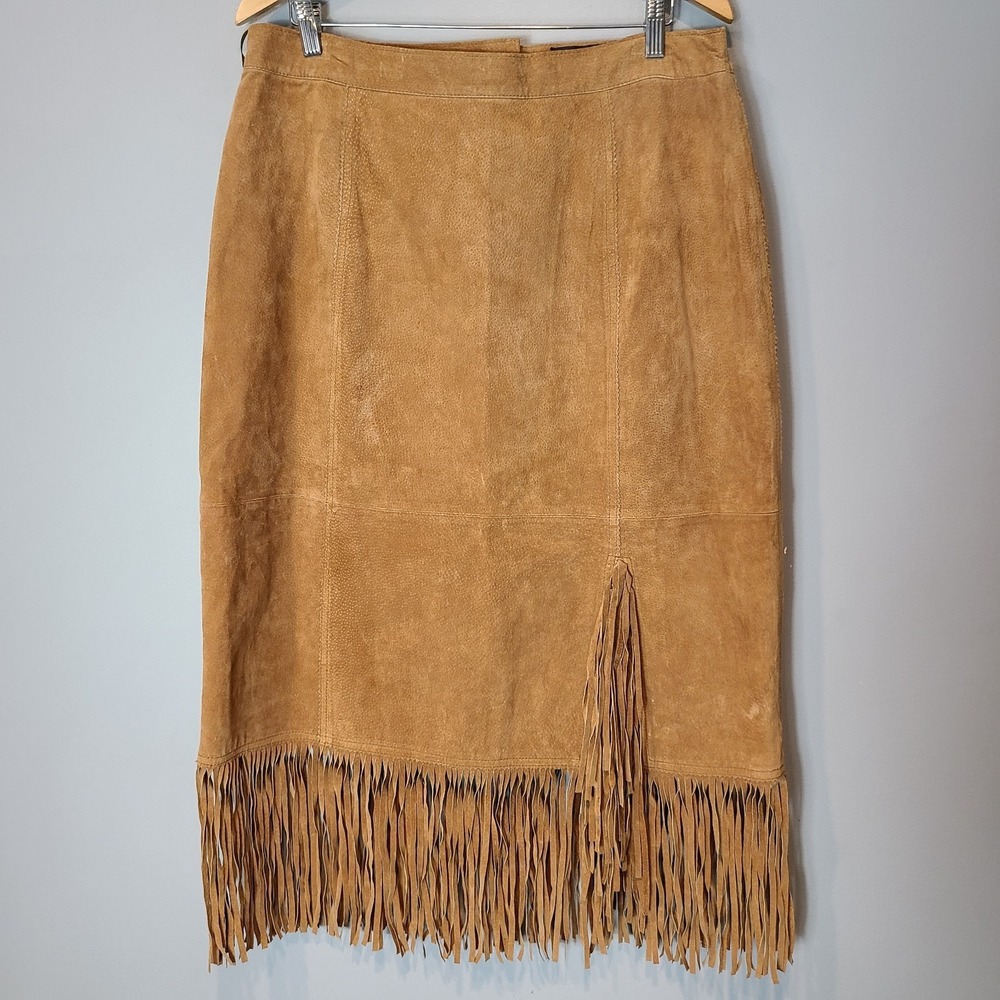 Via Accenti Vintage Suede Fringe Midi Skirt Women XL Western Boho Boho 90s